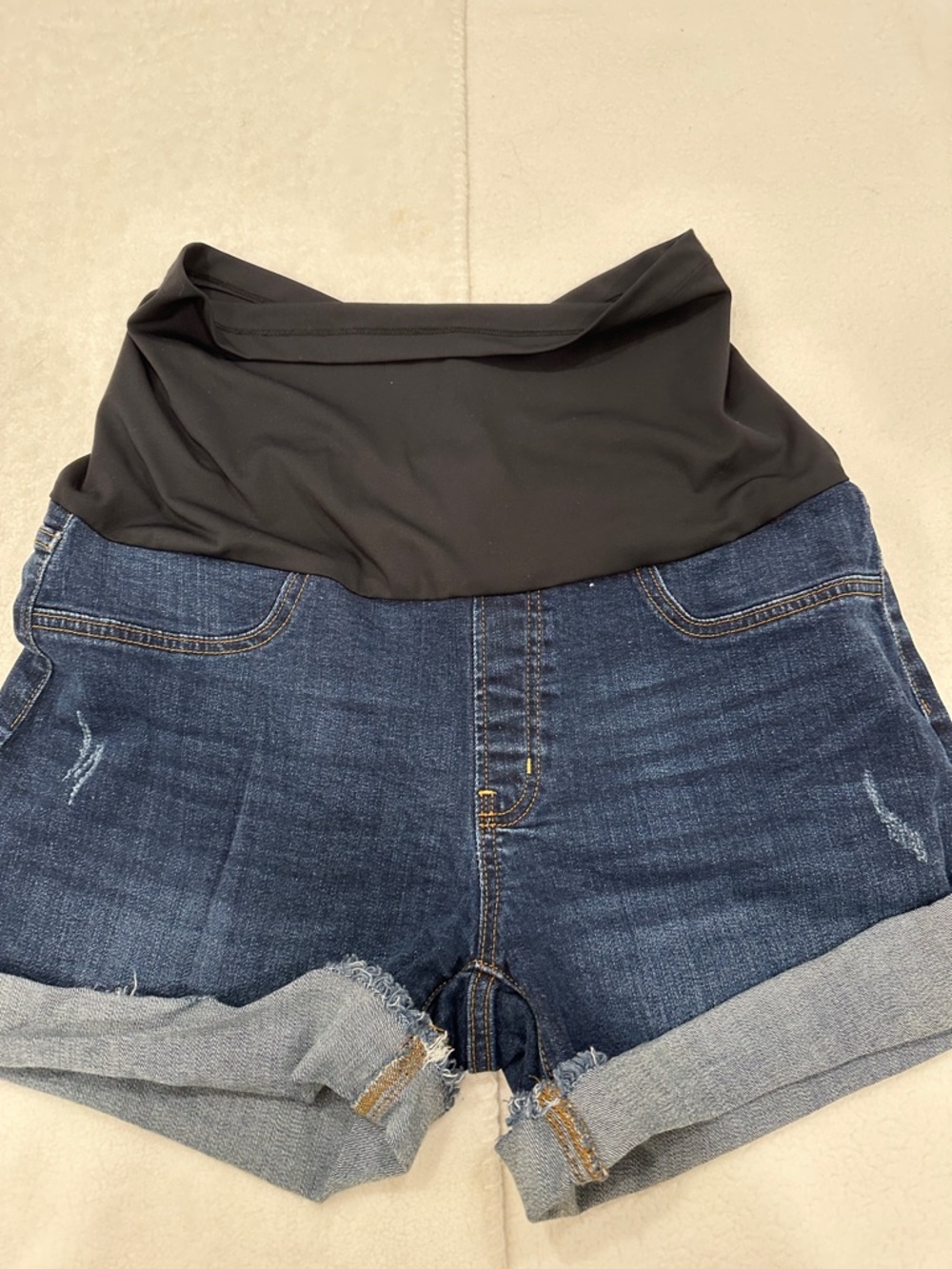 Just USA Dark Blue Denim Maternity Shorts with Black Fold-Over Waist size 33/16